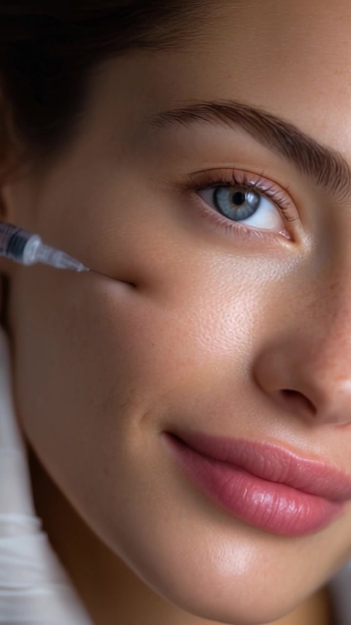 Primo piano di una donna che riceve un trattamento estetico, evidenziando la texture della pelle e la bellezza naturale, con focus su occhi e labbra in un ambiente clinico.