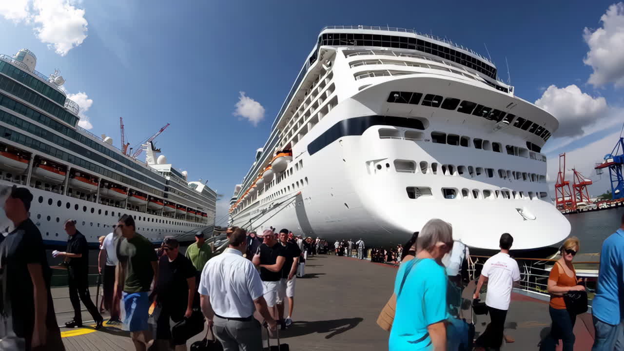Passengers embarking or disembarking a large cruise ship at port