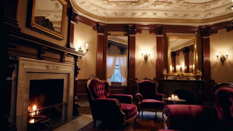 ornate victorian parlor with red velvet furniture