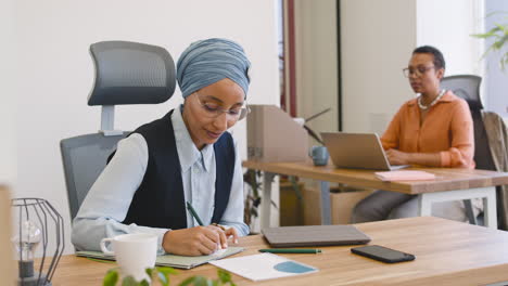 close up view of muslim businesswoman taking notes and businesswoman in the background