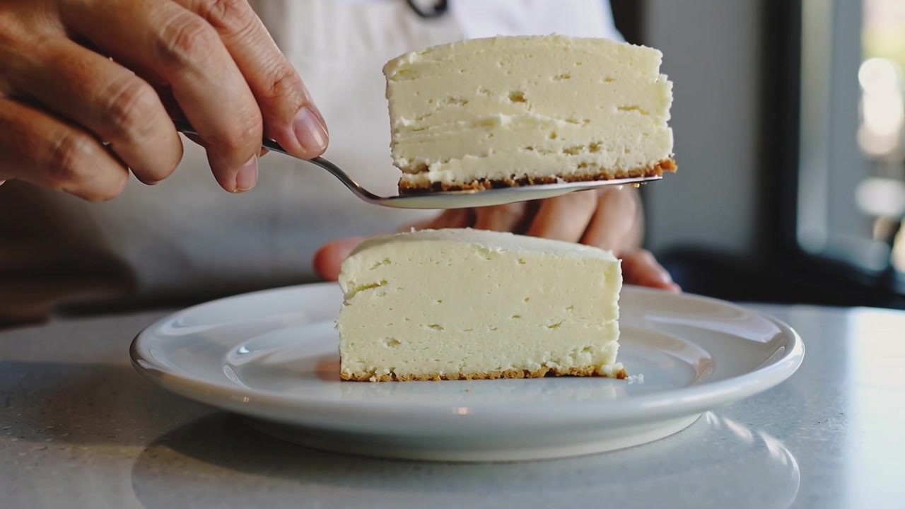 Holding plate at counter, cook in white shirt beige apron sliding spatula under cheesecake to serve