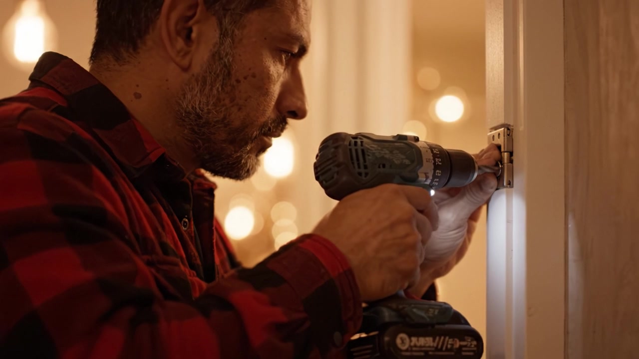 Skilled Craftsman Carefully Installing Door Hardware with a Power Drill in a Warmly Lit Home Environment, Showcasing Focus and Attention to Detail