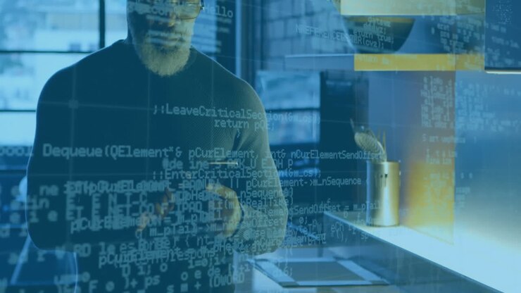 Animation of financial data processing over caucasian man using smartphone