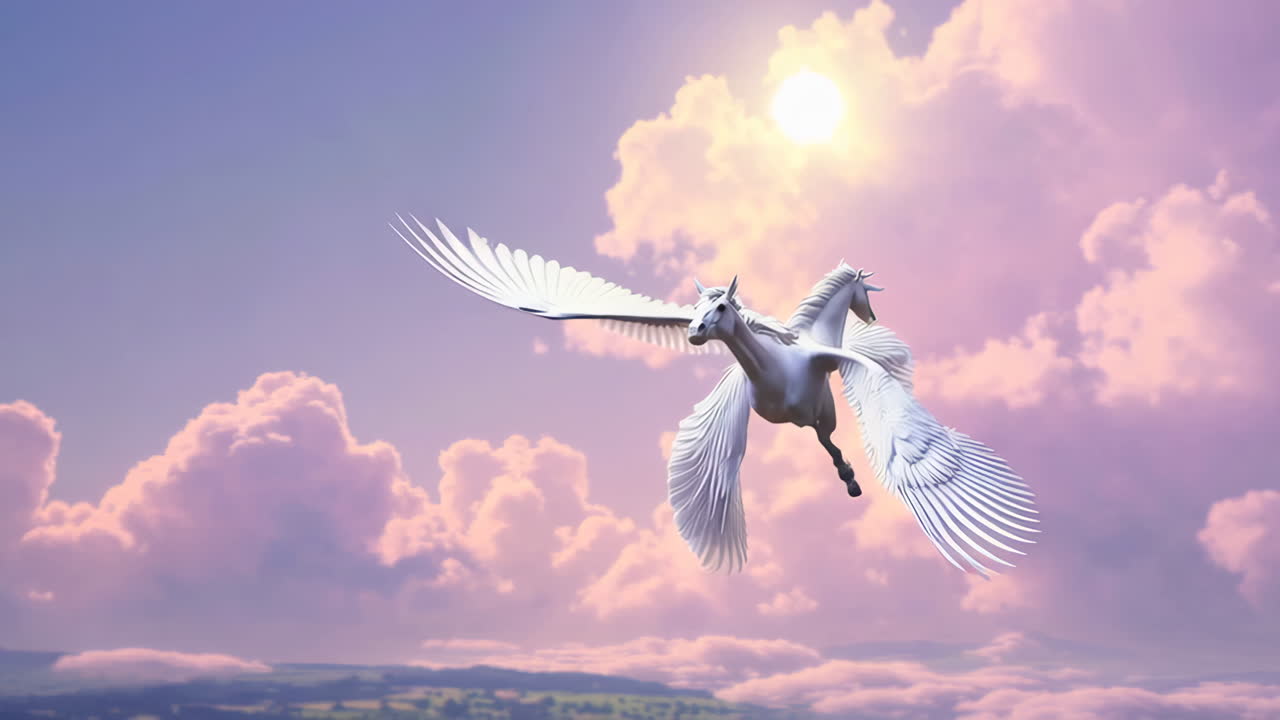 A majestic Pegasus flying through a dreamlike sky with pink clouds