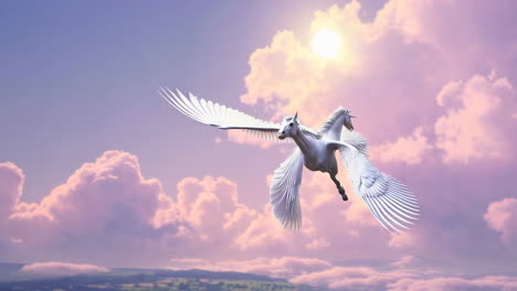 a majestic pegasus flying through a dreamlike sky with pink clouds