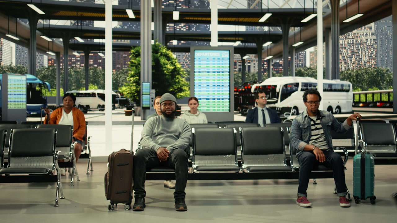 Uomo afroamericano che viaggia da solo in un'affollata autostazione.