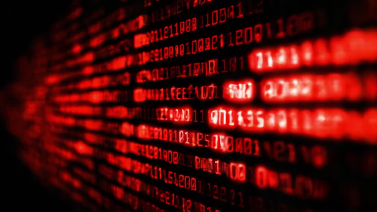 Dynamic Visualization of Binary Code Stream in Red Color Palette, Representing Data Transmission and Cybersecurity Elements in a Modern Digital Environment