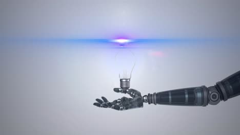 animation of illuminated light bulb over hand of robot arm, with blue light on grey background