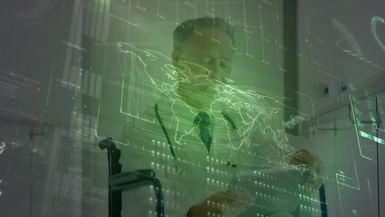 animación del procesamiento de datos sobre un médico caucásico con una tableta