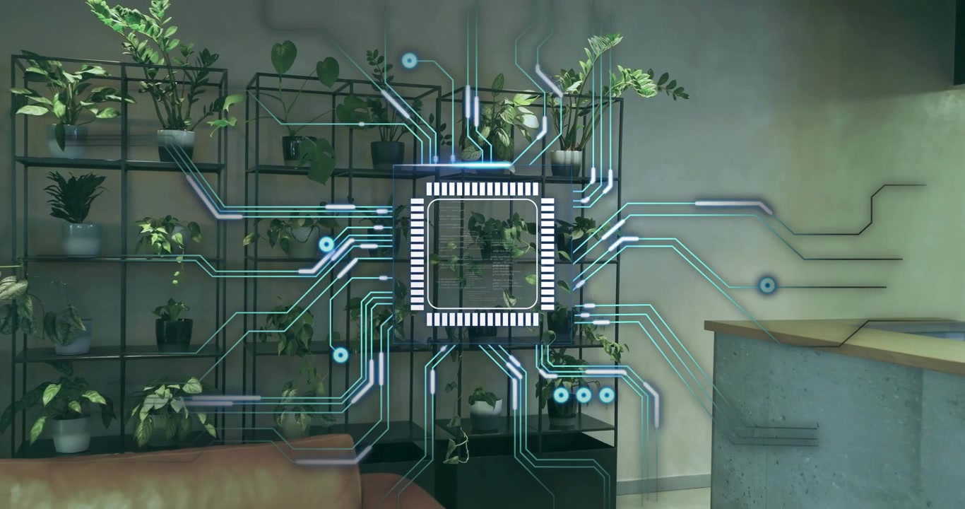 White focus overlay appearing on plant, expanding and sending circuit lines mapping network nodes