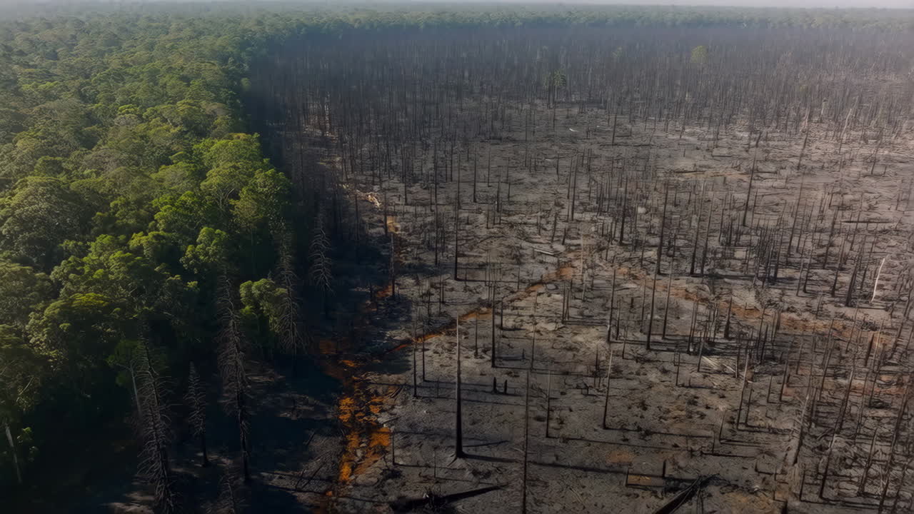 Stark Contrast Between Lush Green Forest and a Burnt, Deforested Area