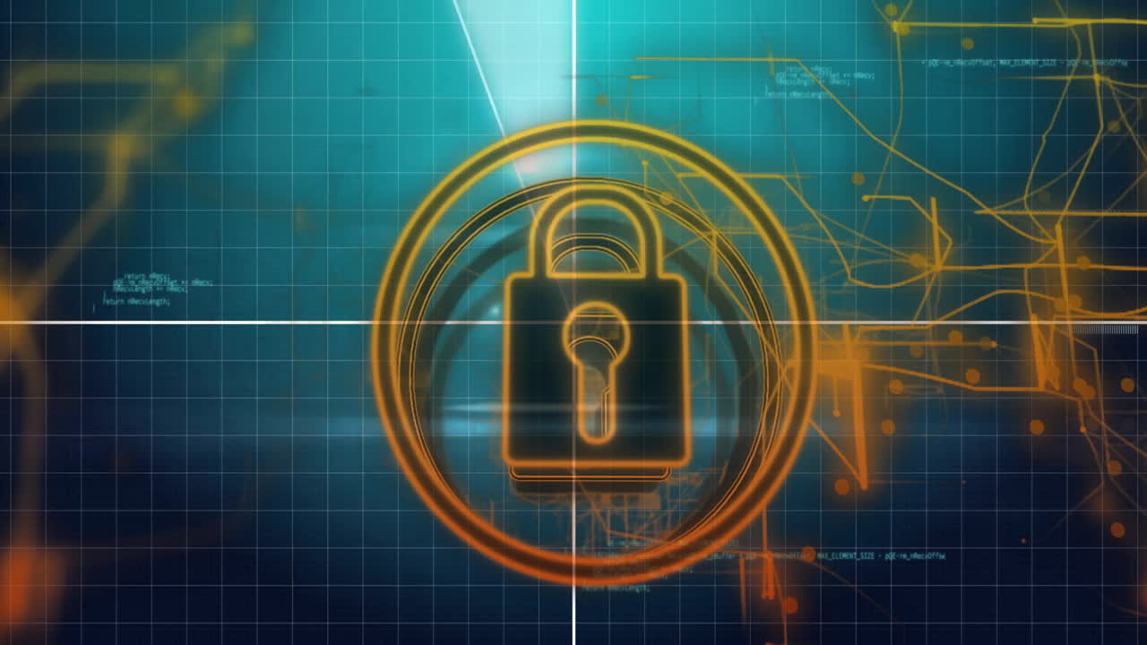 símbolo de cerradura y llave con animación de ciberseguridad sobre el fondo de la cuadrícula digital