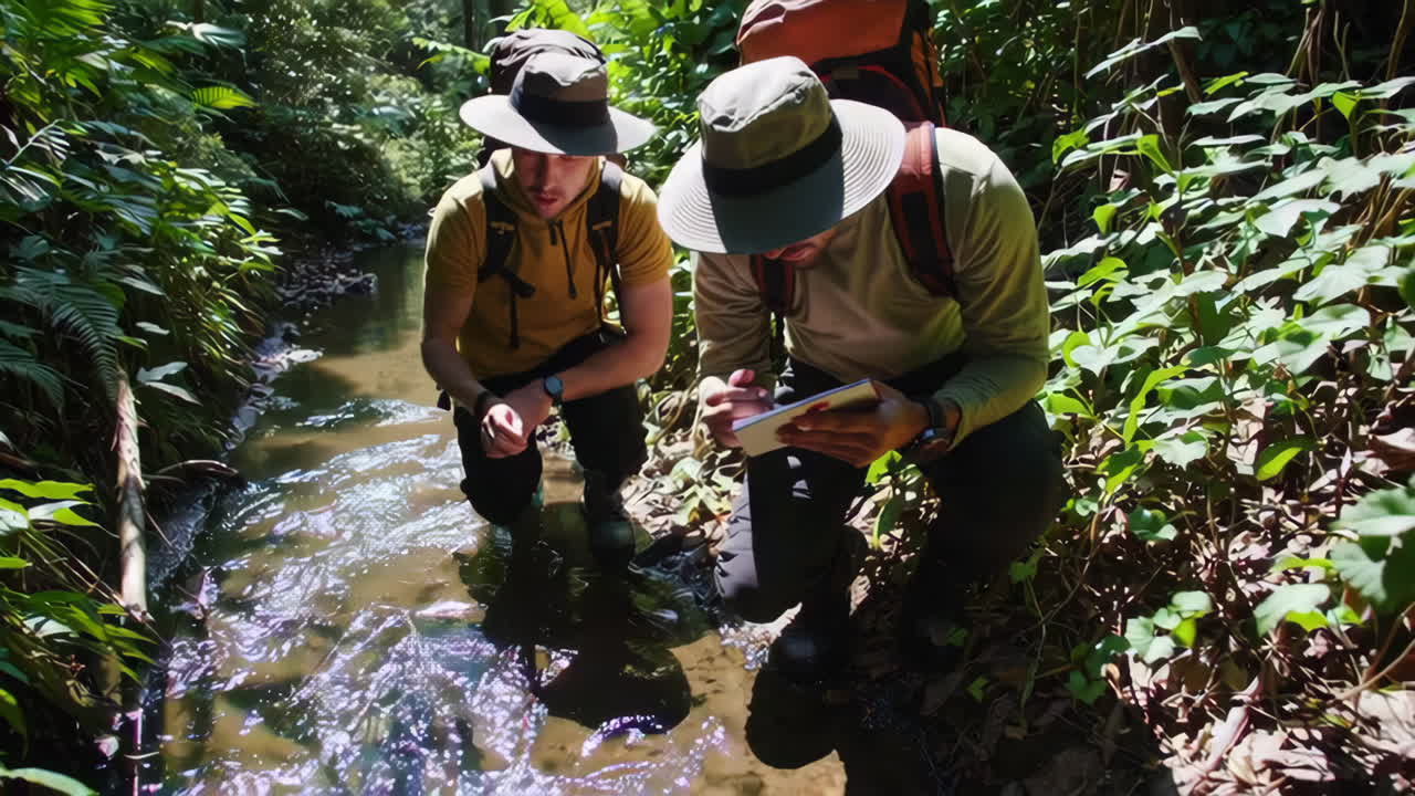 Group of Hikers Exploring a Lush Jungle Stream