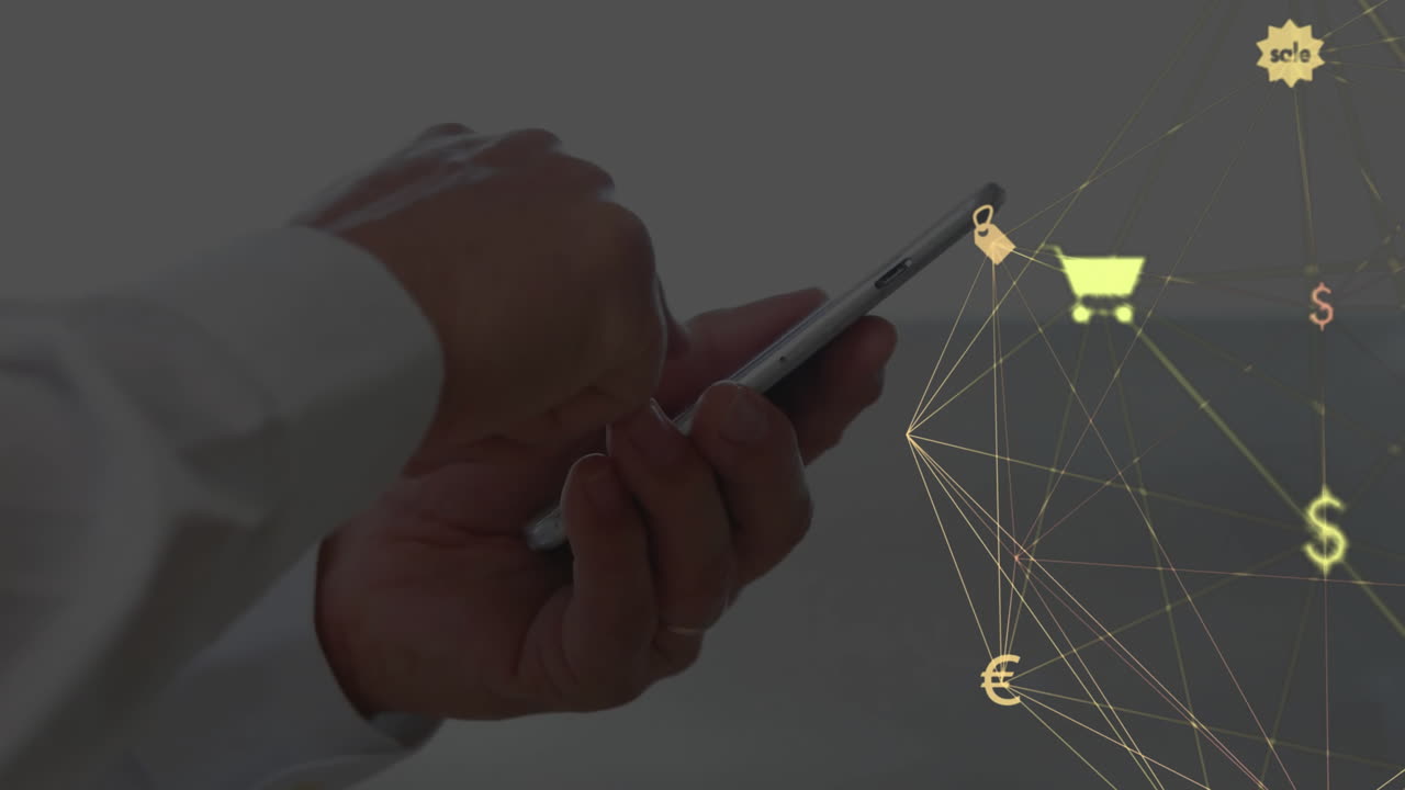 анимация сети соединений с иконами над кавказским бизнесменом с помощью смартфона