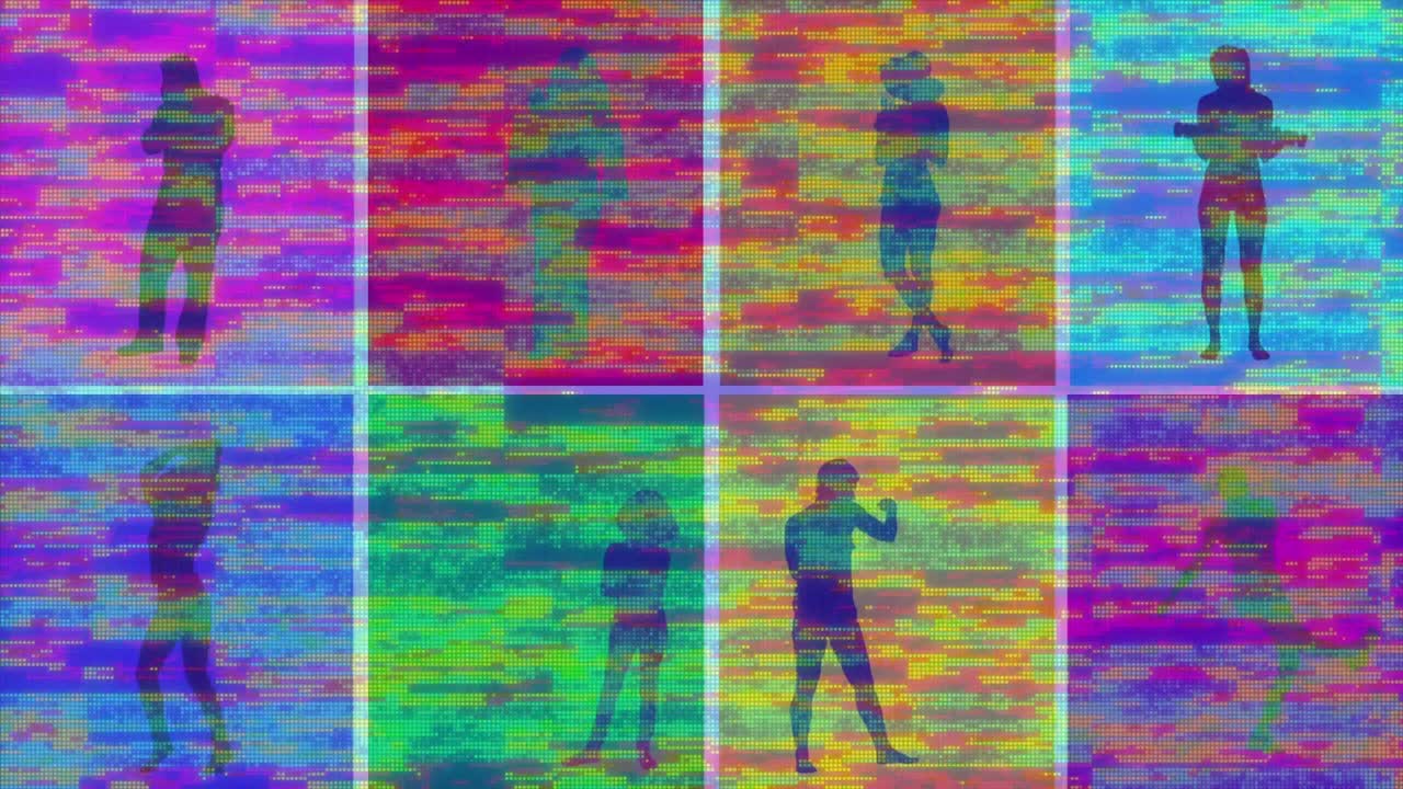 animación de siluetas de personas haciendo ejercicio con rayas de glitch parpadeando en movimiento hipnótico