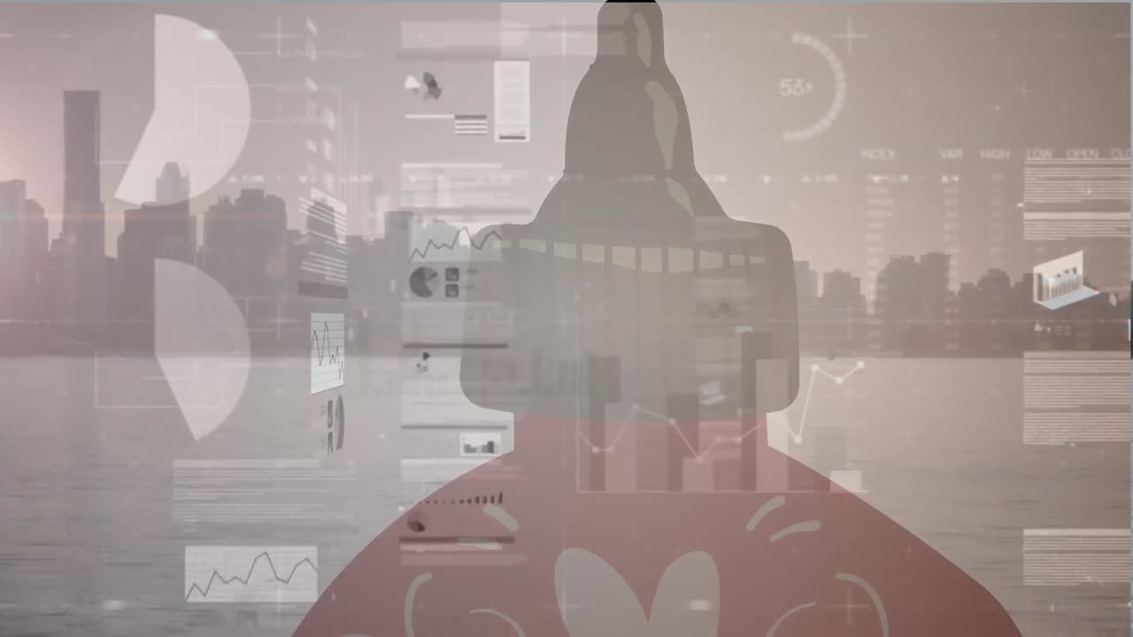 도시 풍경 위의 금융 데이터 처리 애니메이션