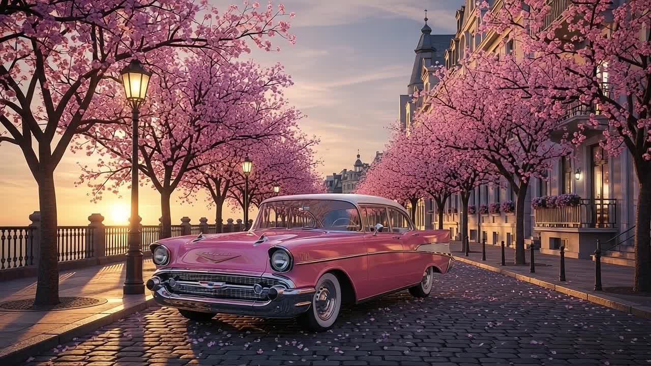 A beautiful vintage pink car parked amidst blooming cherry blossom trees along a picturesque street during sunset, capturing the essence of serene springtime scenery