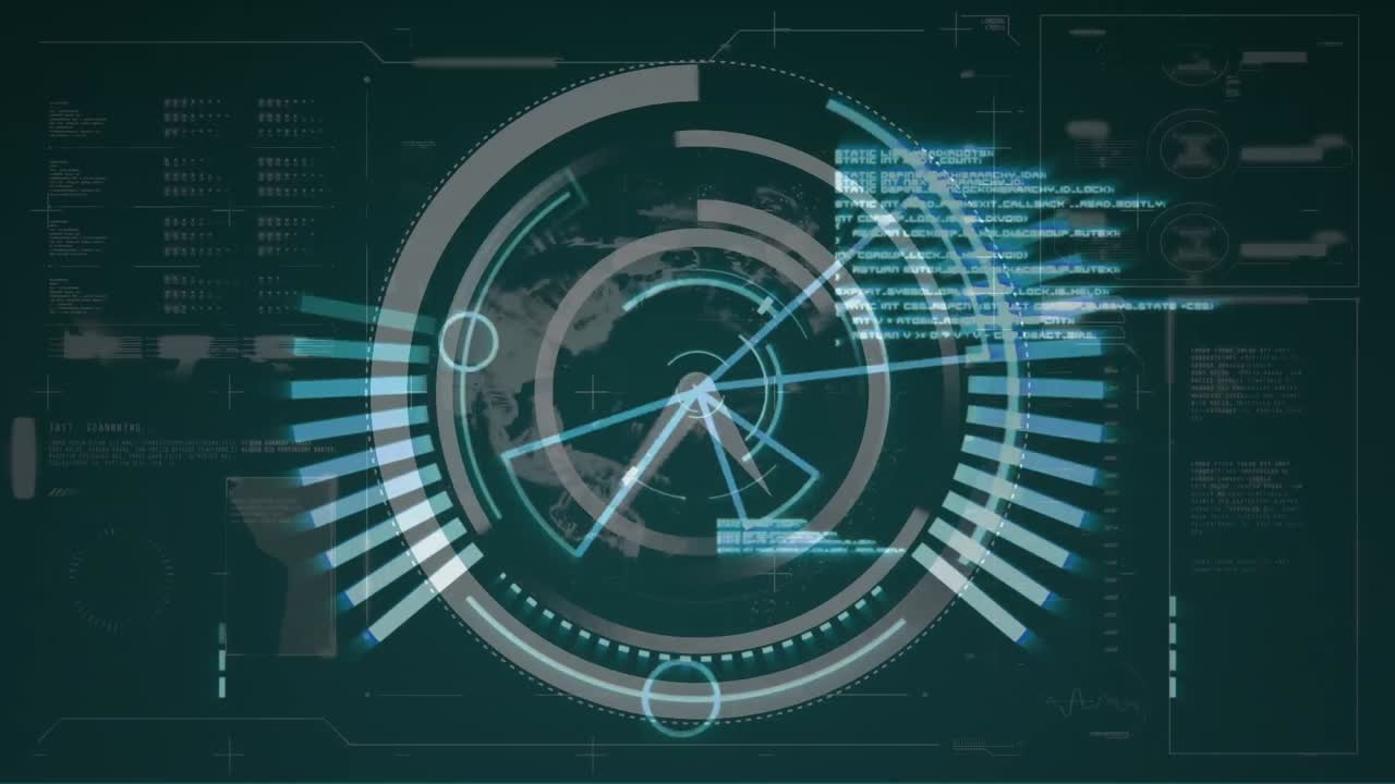 animación del icono del reloj de tic-tac sobre el globo giratorio y la interfaz con el procesamiento de datos.