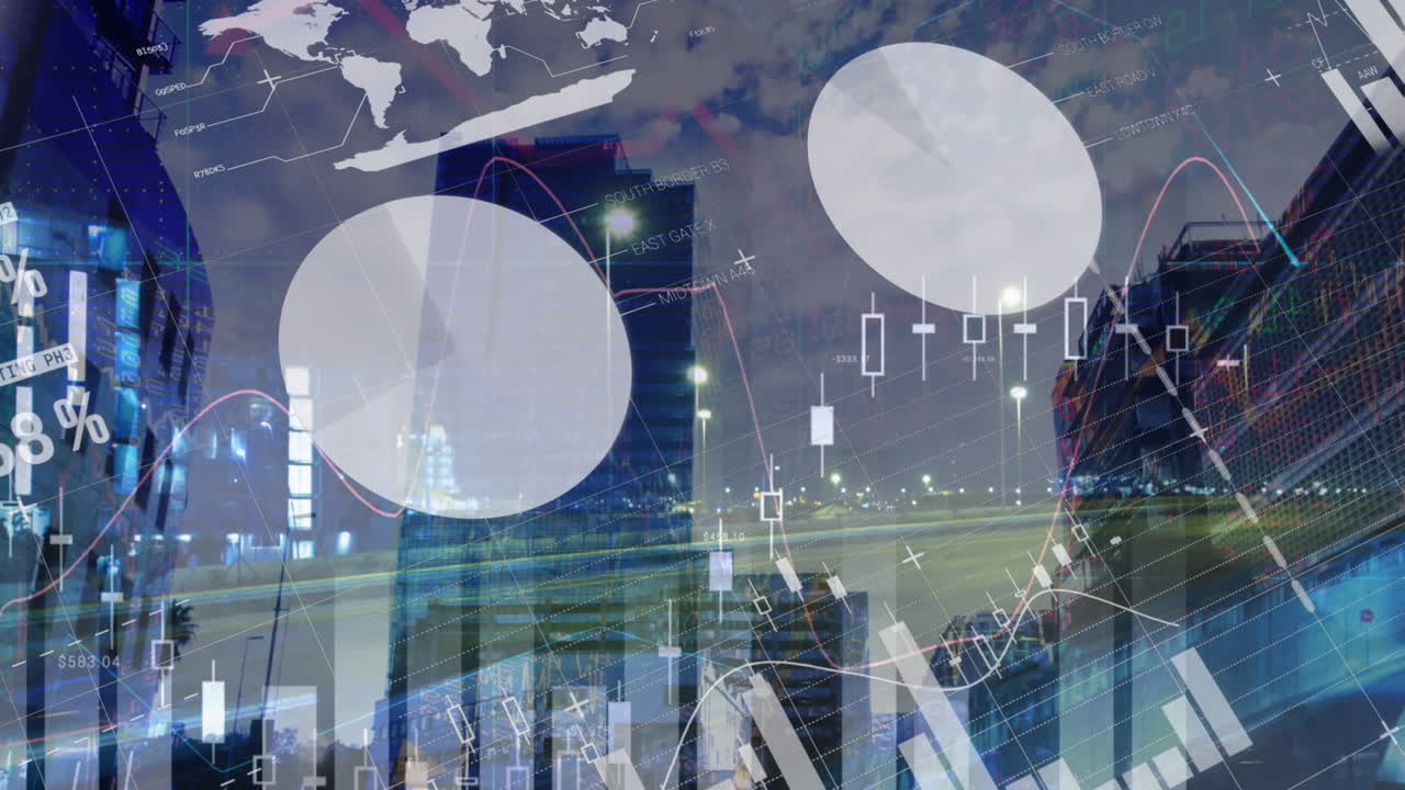 Animation of financial data processing over cityscape