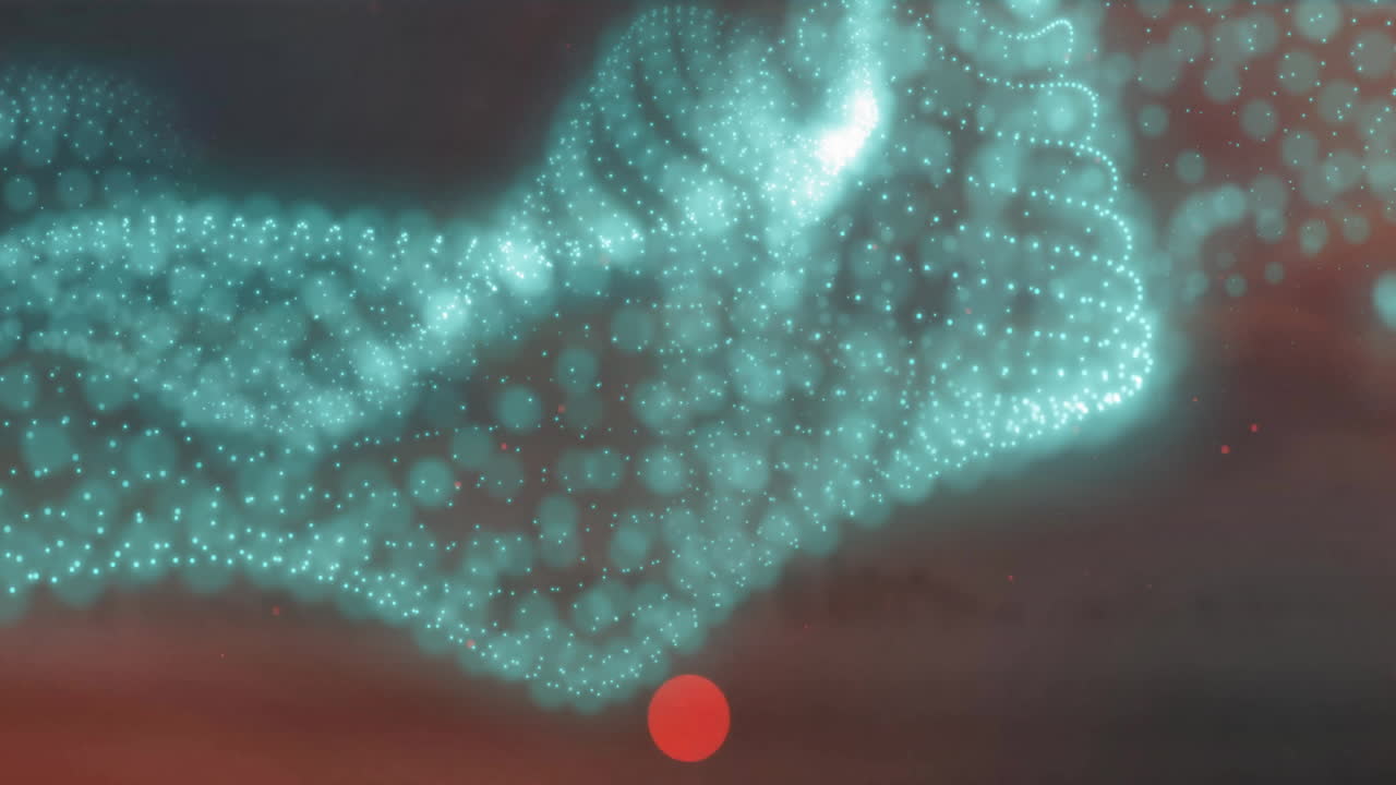 Animation of glowing blue particle wave and red light spots moving on dark background