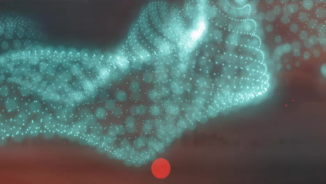 animation of glowing blue particle wave and red light spots moving on dark background