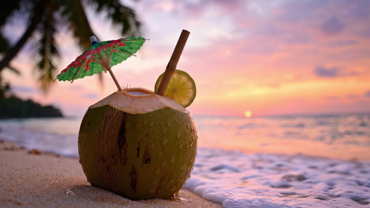 A Refreshing Tropical Drink: Enjoying a Coconut Beverage with an Umbrella and Lime on a Serene Beach at Sunset