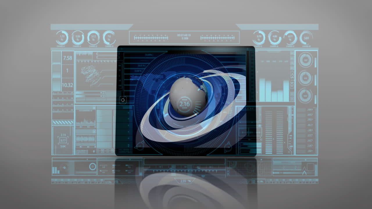 Futuristic digital interface with rotating globe and data charts animation