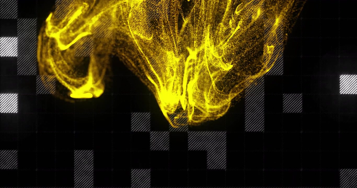 Abstract Motion Background with Yellow Particle Cloud and Geometric Grid