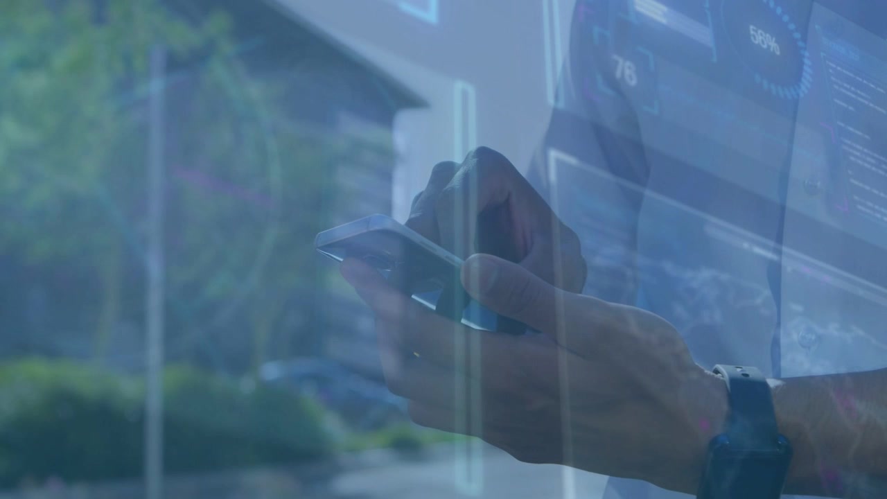 Right hand reaching to tap phone, left hand supporting, tapping and swiping showing dashboard