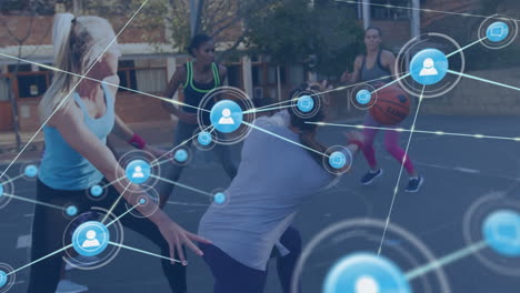 animación de redes de conexiones sobre jugadoras de baloncesto
