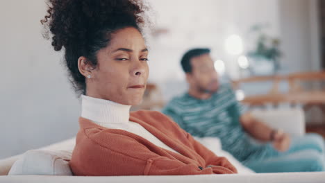conflict, sad and woman on a sofa in an argument
