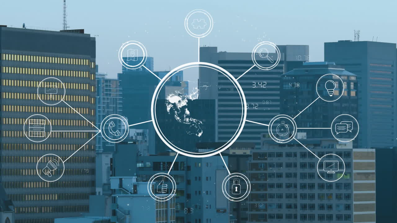 Animazione di una rete di connessioni con icone e elaborazione dati digitali su uno skyline