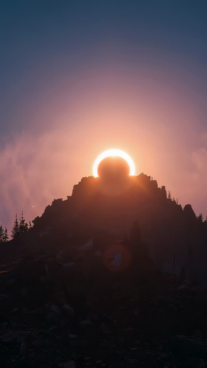 Vertical video: Sun rising behind dome summit, revealing crescent, mist, treeline silhouettes