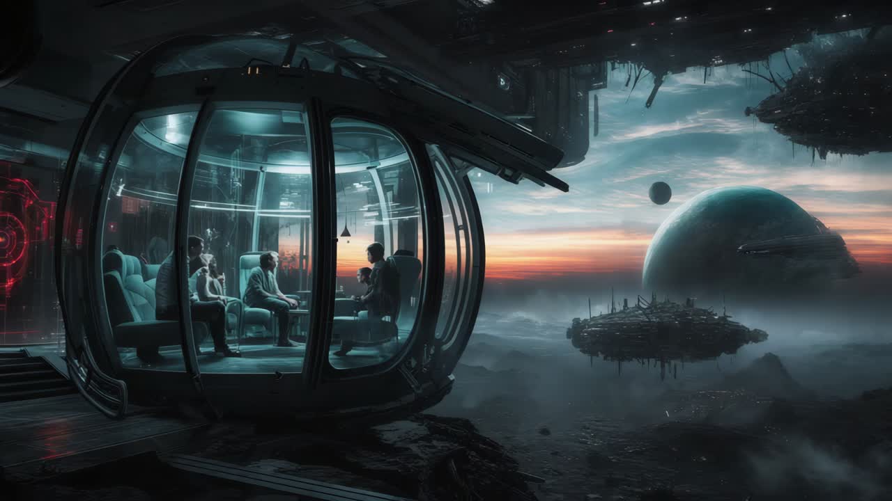 ciudad flotante y encuentro de cápsula espacial