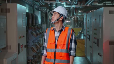 asian male engineer with safety helmet looking around while standing in engine control room, work of electrical generators