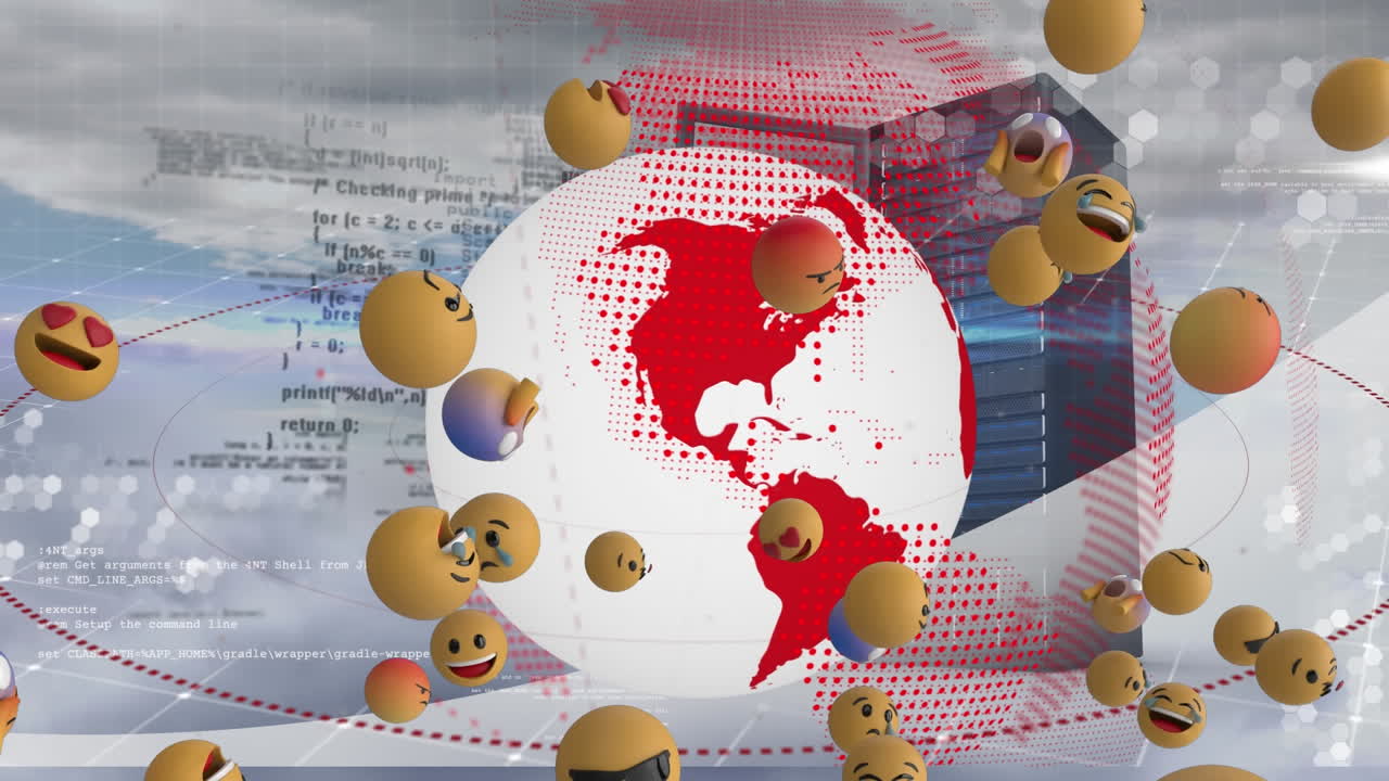 하늘의 구름에 대해 회전하는 지구와 컴퓨터 서버 위에 떠다니는 여러 얼굴 이모티콘