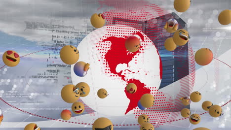 multiple face emojis floating over over spinning globe and computer server against clouds in sky