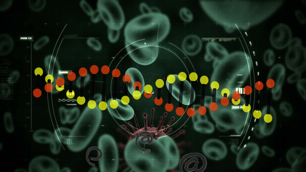 animación de la cadena de adn y procesamiento de datos sobre virus y células sanguíneas