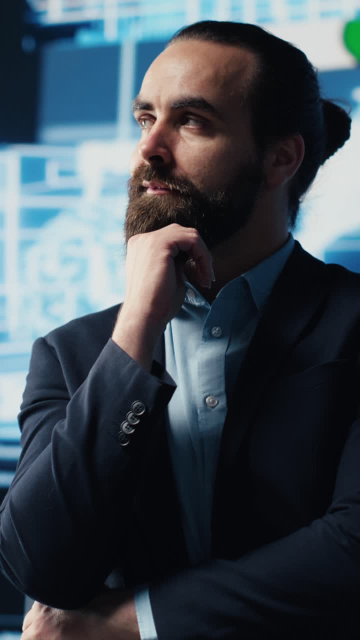 Vertical Video Tech savvy businessman employing AI brain data visualization