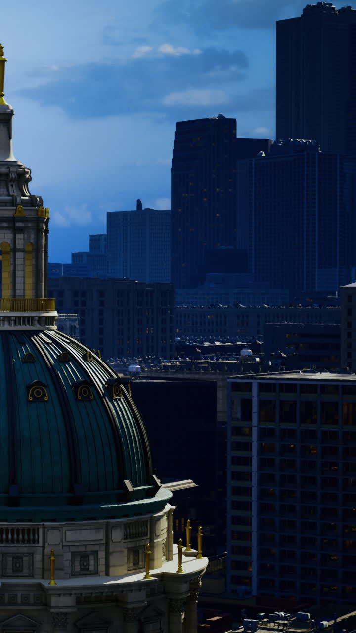 Vista dello skyline della città con un edificio storico in primo piano nel tardo pomeriggio.