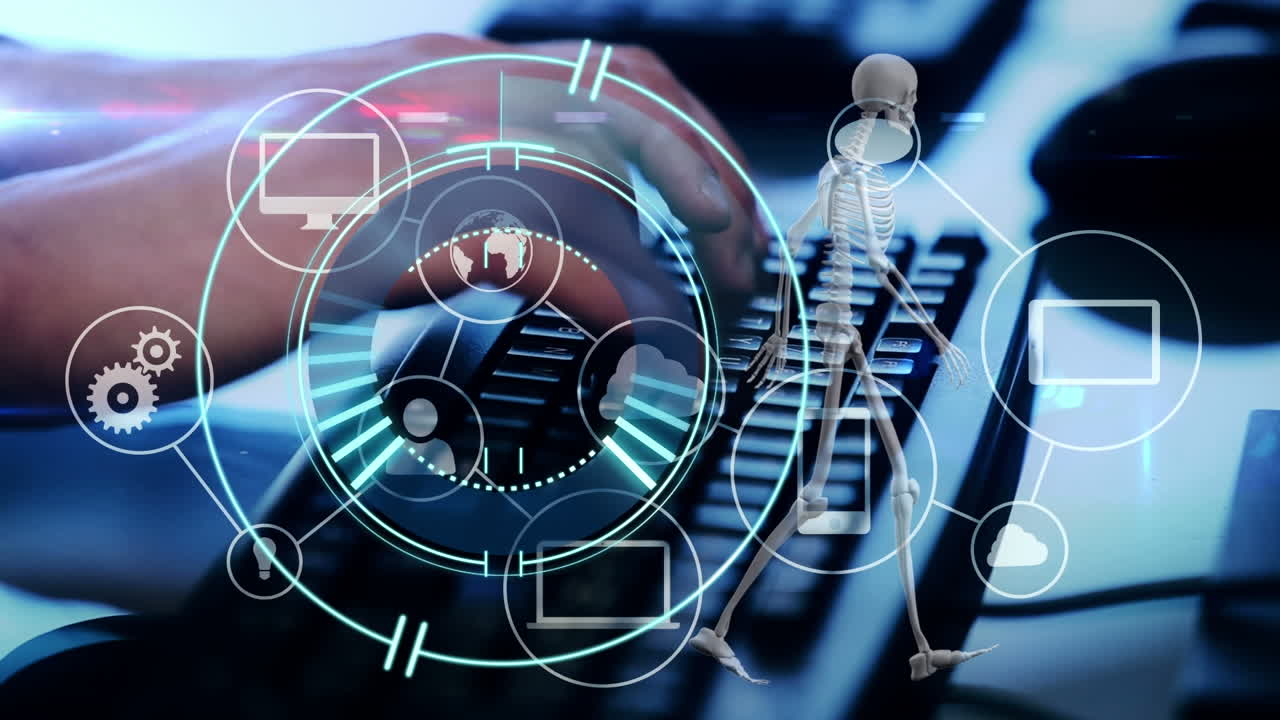 animación de la red de conexiones y escaneo de alcance sobre las manos escribiendo en el teclado