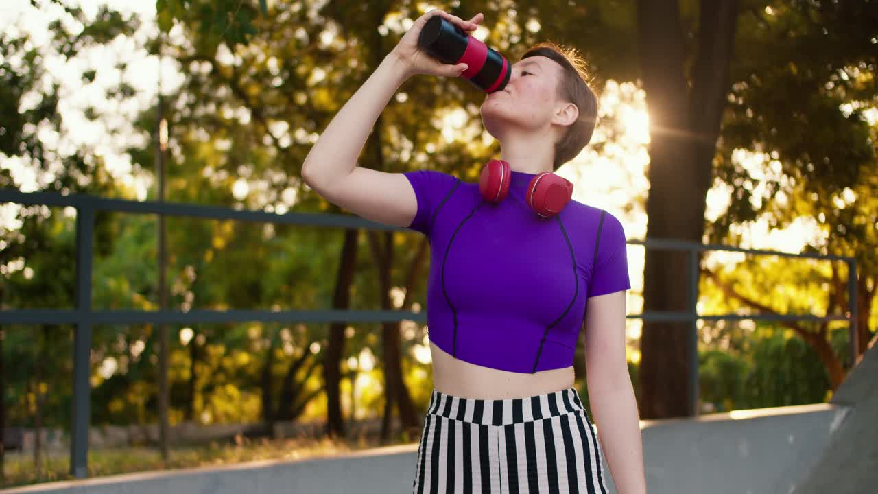 retrato de una chica con un corte de pelo corto en una parte superior púrpura, pantalones a rayas y auriculares rojos bebe agua de una botella deportiva especial en un skatepark en verano