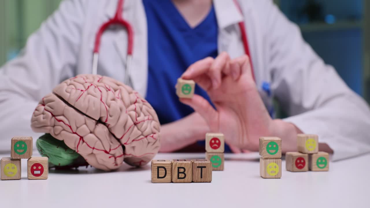 Medico che Dimostra la Terapia DBT con Cubi del Cervello e delle Emozioni