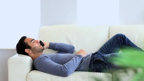 man having a phone conversation on the couch