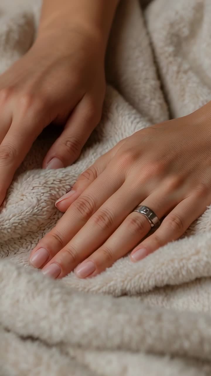 Vertical video: Starting smoothing ringed hands pressing blanket on bed, pulling edge to smooth