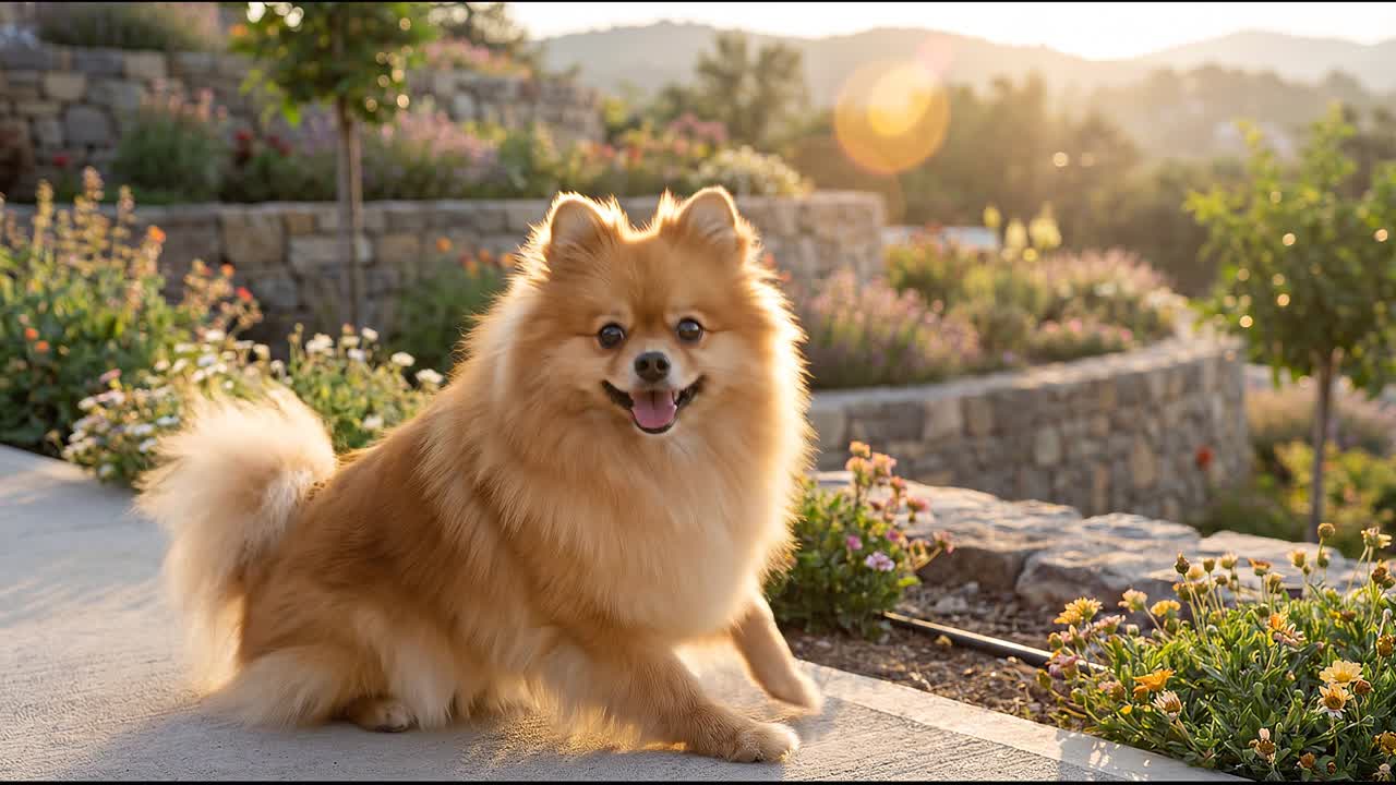 Cão Pomeranian adorável sentado em um lindo jardim na hora dourada