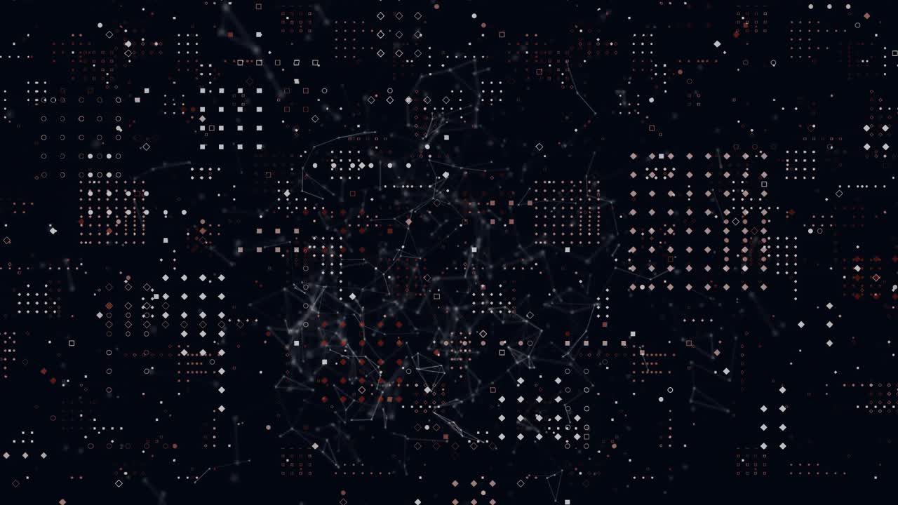Dark grid flickering particles initiating glowing network pulses with red nodes dissolving