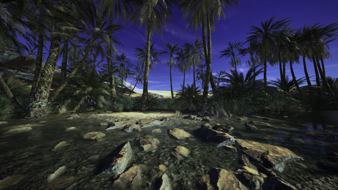 Lush oasis with palm trees and tranquil waters under a twilight sky