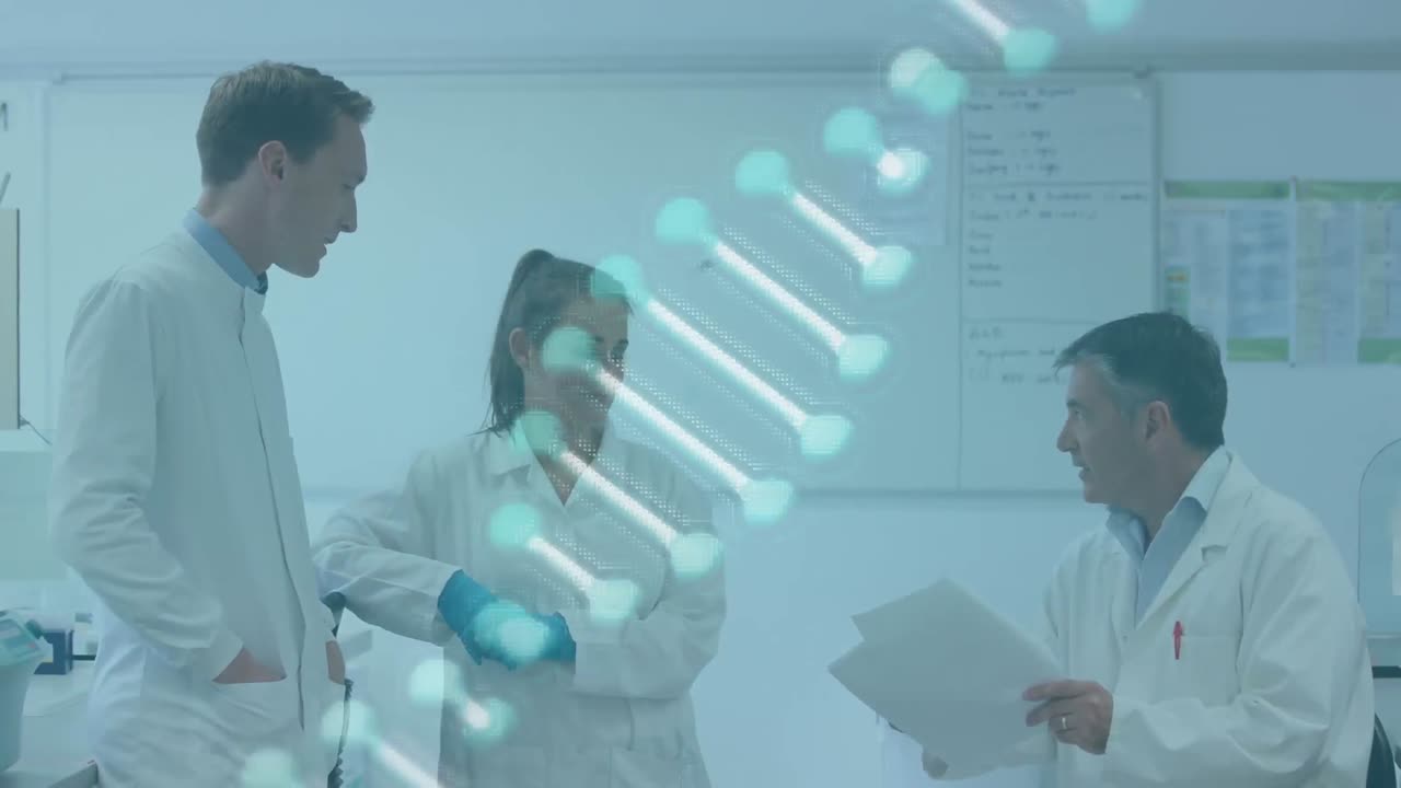 실험실에서 다양한 과학자들에 대한 dna 가닥의 애니메이션