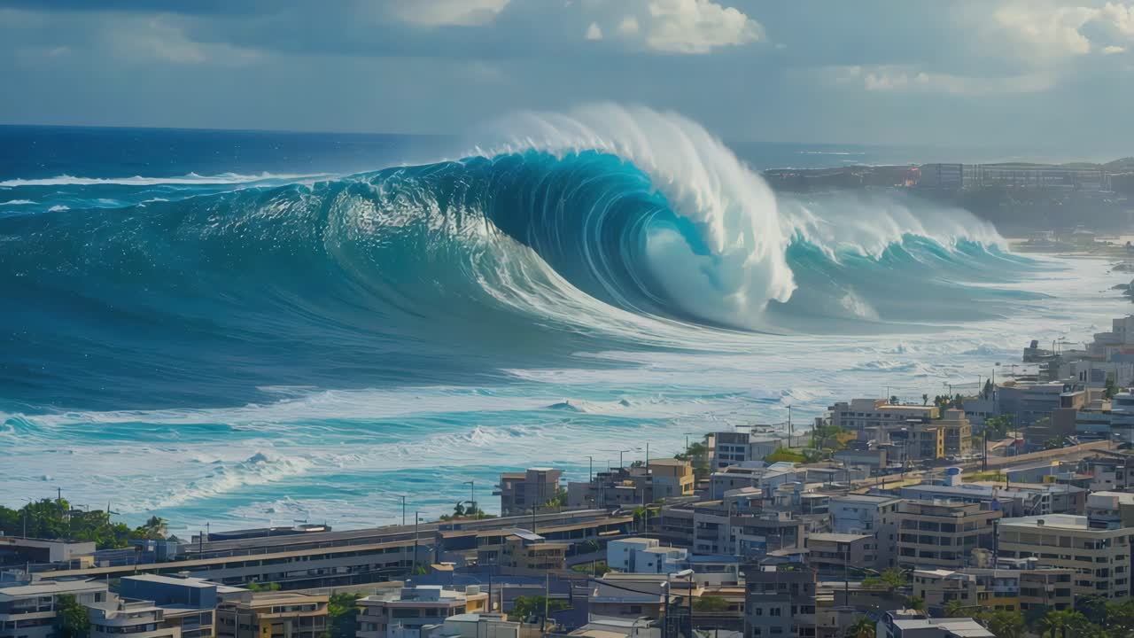 A massive wave crashing over a city